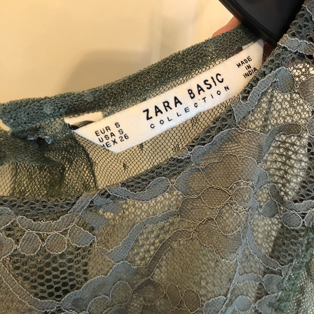 Zara Basic Button Back Olive Mesh Peplum Embroide… - image 2